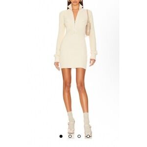 Aya Muse Rutu Knit Dress Cream Mock Neck Zip Front Long Sleeve Mini